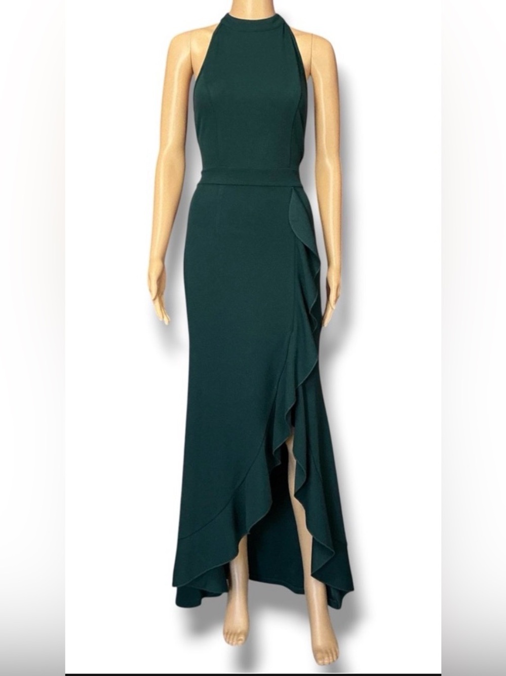 Sleeveless Hunter Green Halter Ruffle Front Evening Dress